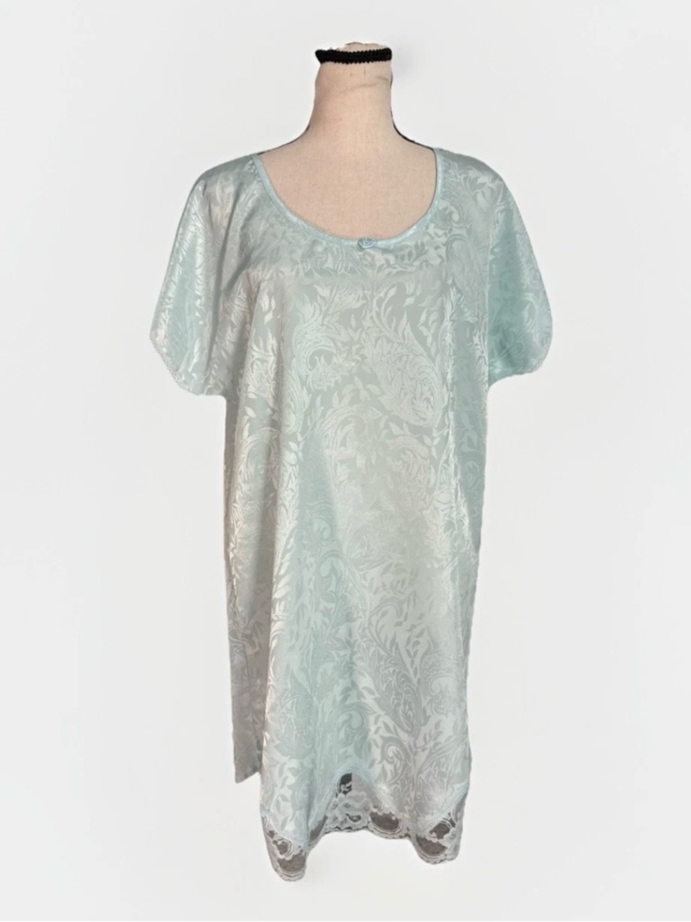 Intimate Mood Mint Green Satin Jacquard Nightgown Lace Hem Sleepwear Womens Read